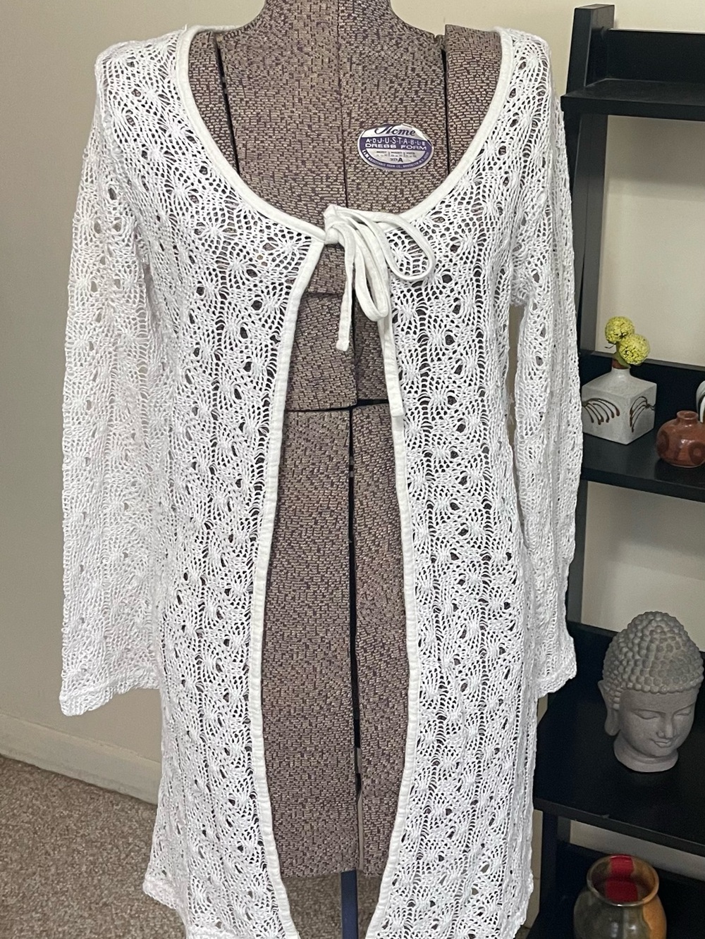 Open-Knit White Tie-Front Crochet Shrug